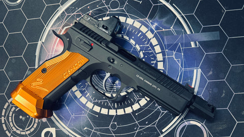 Custom KJ Works CZ Shadow 2 Gel Blaster - Orange Short Grip + Mag Well Flare w/Thread & Pro Sight